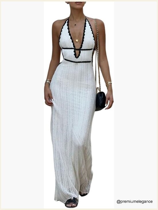 Dresses & Skirts - Backless Halter Maxi Dress with Tie Back, Sleeveless Knit, Deep V Neck